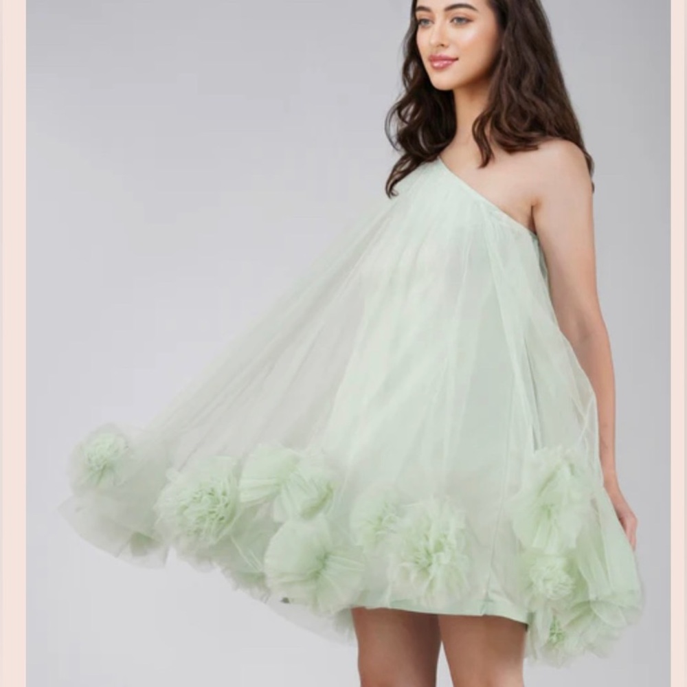 Lace & Bead sage pom Pom mini dress